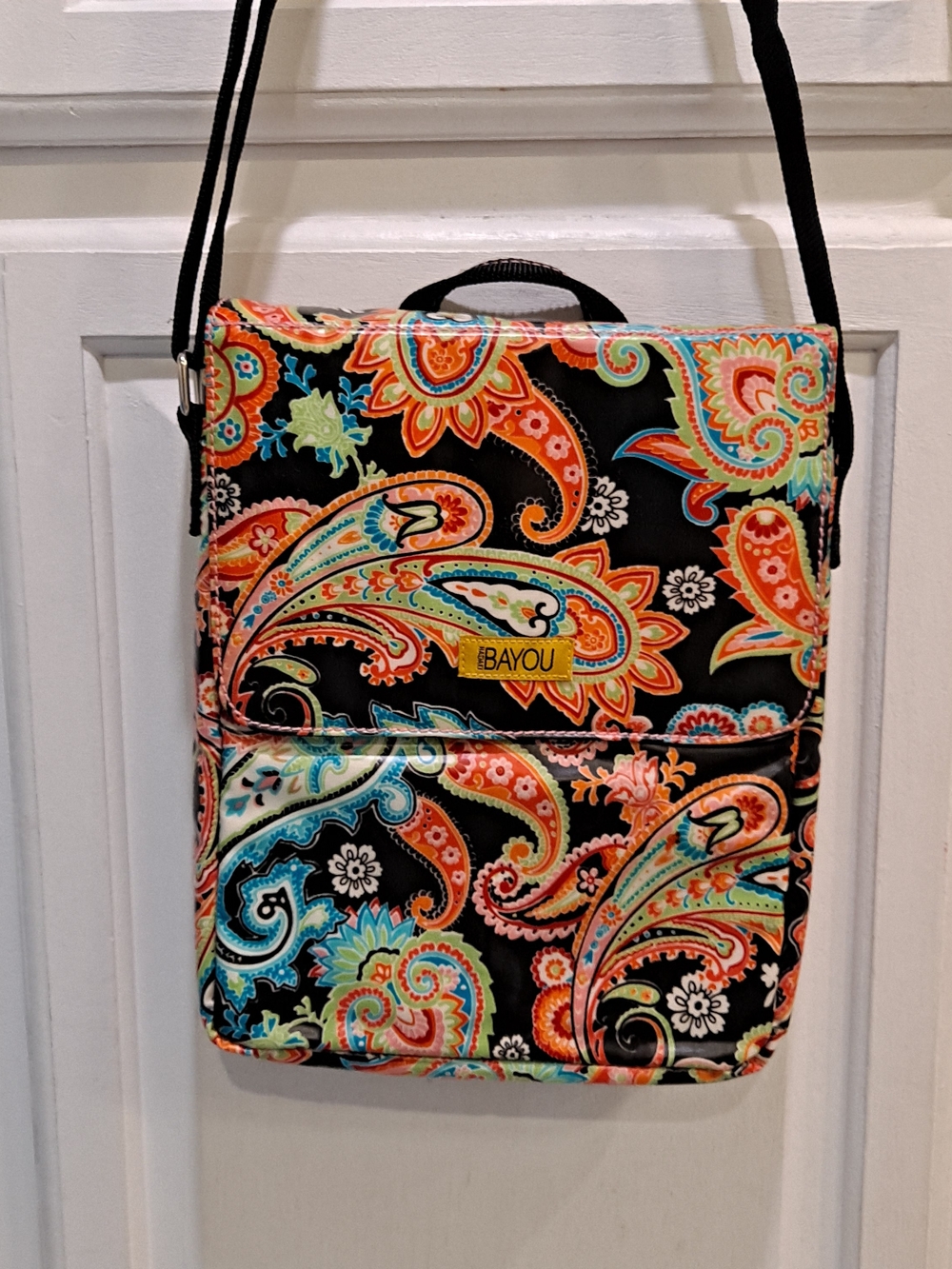 Hadaki Bayou Black Vibrant Multicolored Paisley Coated Canvas Crossbody Bag